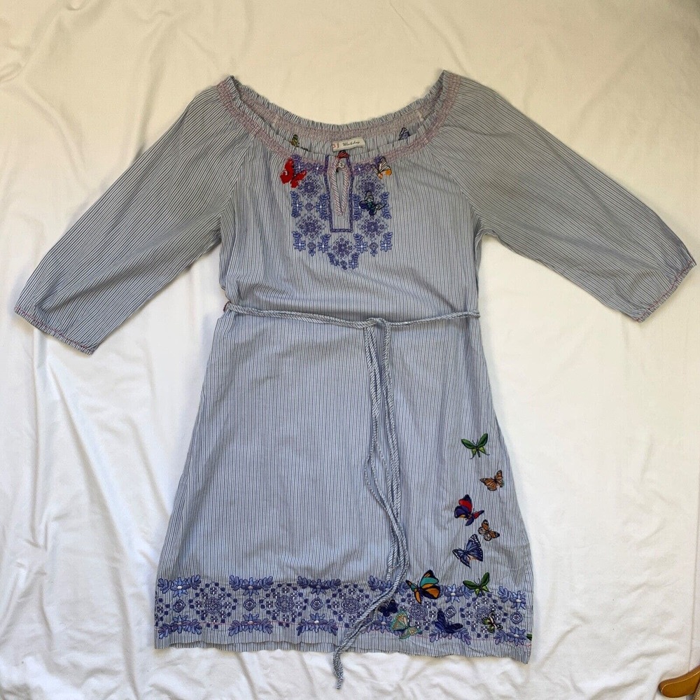 3J Workshop Johnny Was Striped Dress Embroidered S fit M Blue Milkmaid Floral - Picture 12 of 12